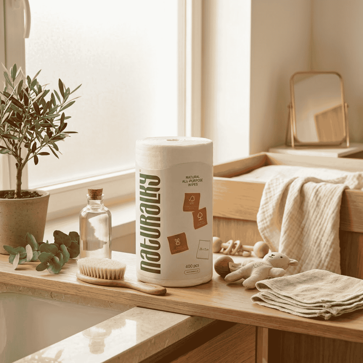 Minimalistický lifestylový snímek bílé role ubrousků Naturalky na dřevěné desce v prosvětlené koupelně s rostlinou v květináči a dětskými doplňky.